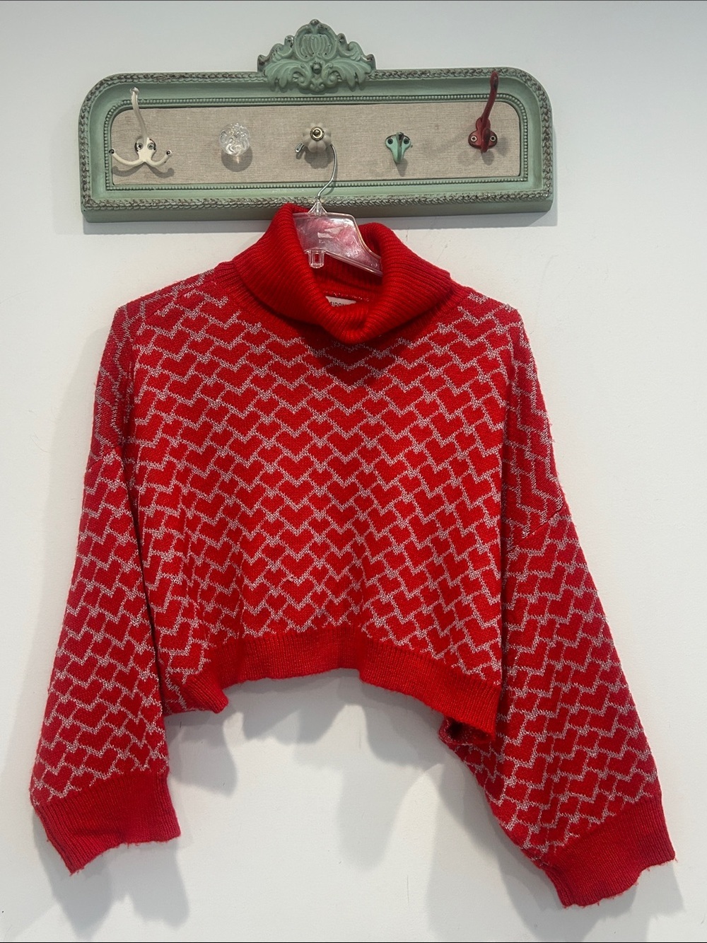Lili Sidonio Red Silver Heart Turtleneck Cropped Sweater medium women’s top
